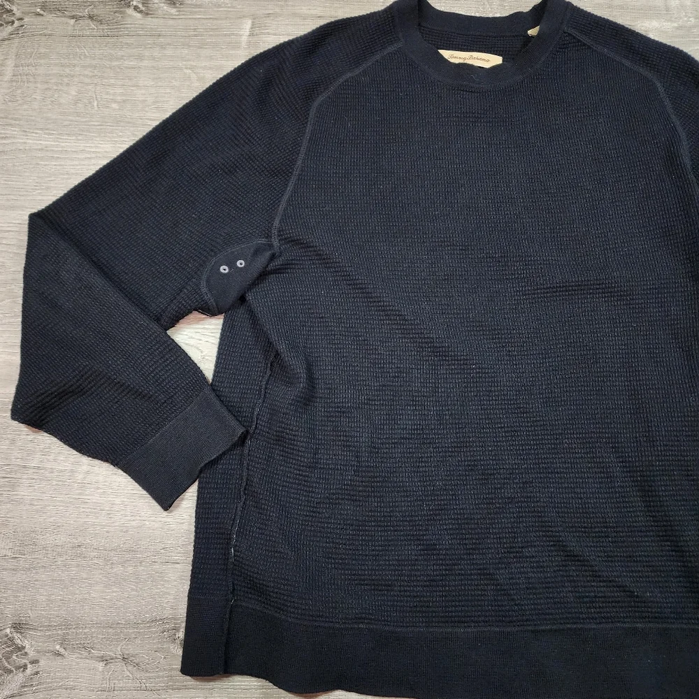 TOMMY BAHAMA Cashmere Cotton Black Waffle Knit Thermal Pullover Top Men's Medium